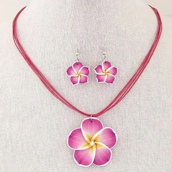 Tropical Hot Pink Plumeria Flower Necklace & Earring Set - Picture 1 of 3